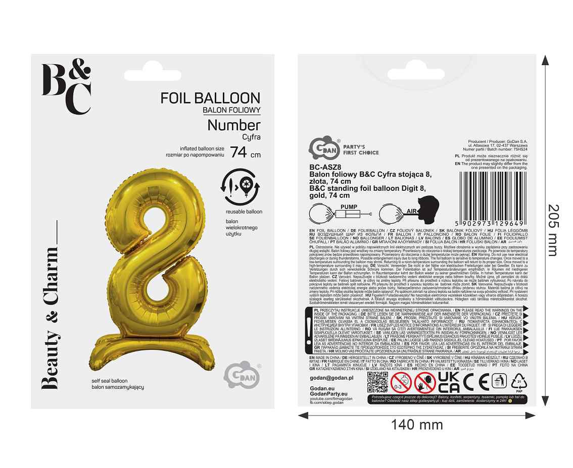 B&C standing foil balloon Digit 8, gold, 74 cm